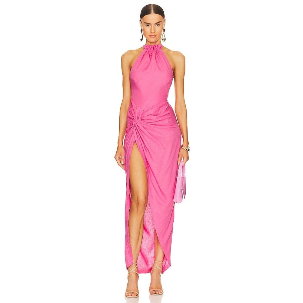 OW Collection Isla Linen Blend Resort Vacation Pink Halter Breezy Maxi NWT S